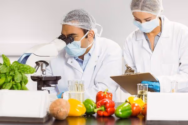 Análise microbiológica de alimentos em laboratório, com equipamentos e ambiente controlado
